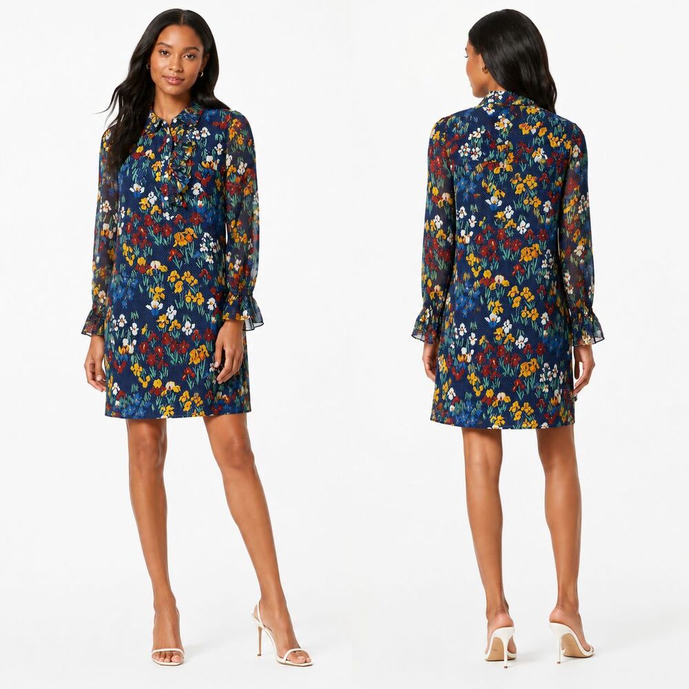 Tory Burch Multicolor Livia Iris Garden Shirtdress Blue Floral Ruffle Size 2